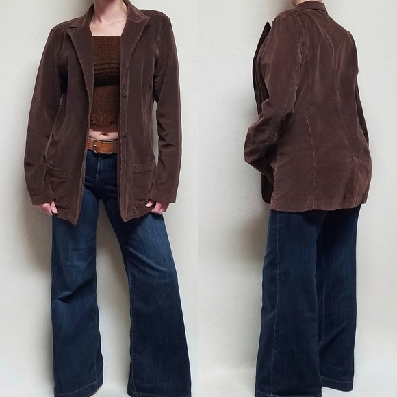 Vintage 90s SJB Brown Corduroy Long Hem Notched Collar Plunging Neckline Blazer - Picture 1 of 12